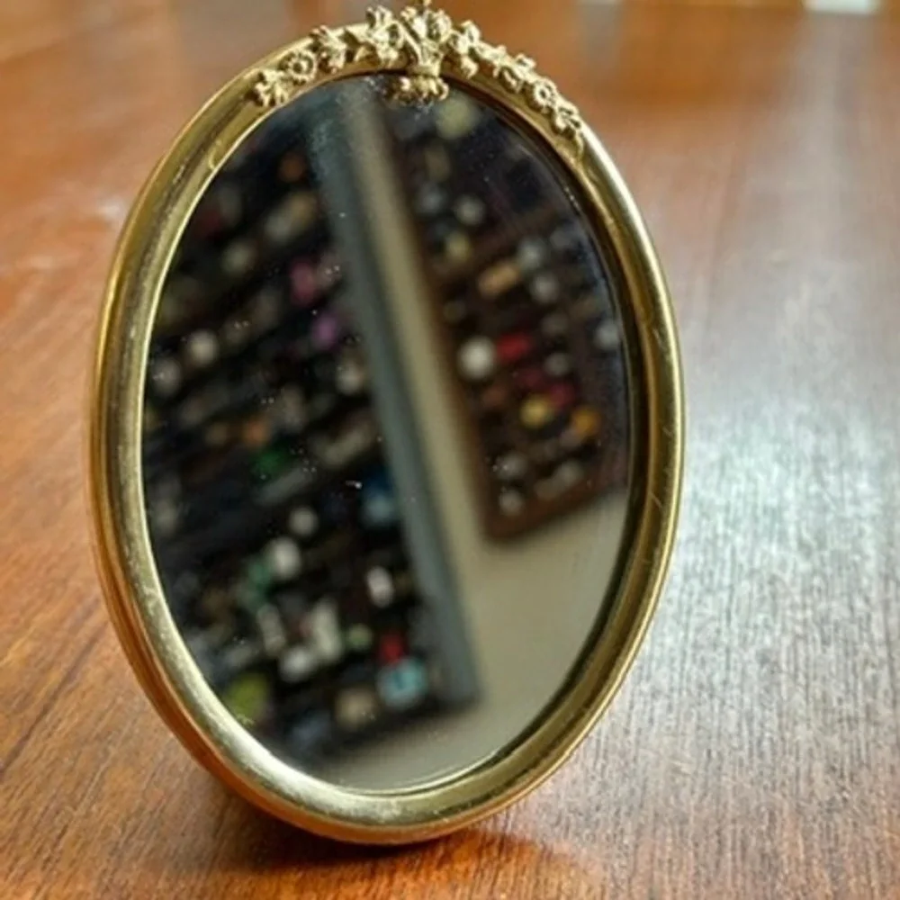 Vintage Gold Miniature Oval Mirror Ornate Floral Crest Tabletop Vanity Decor